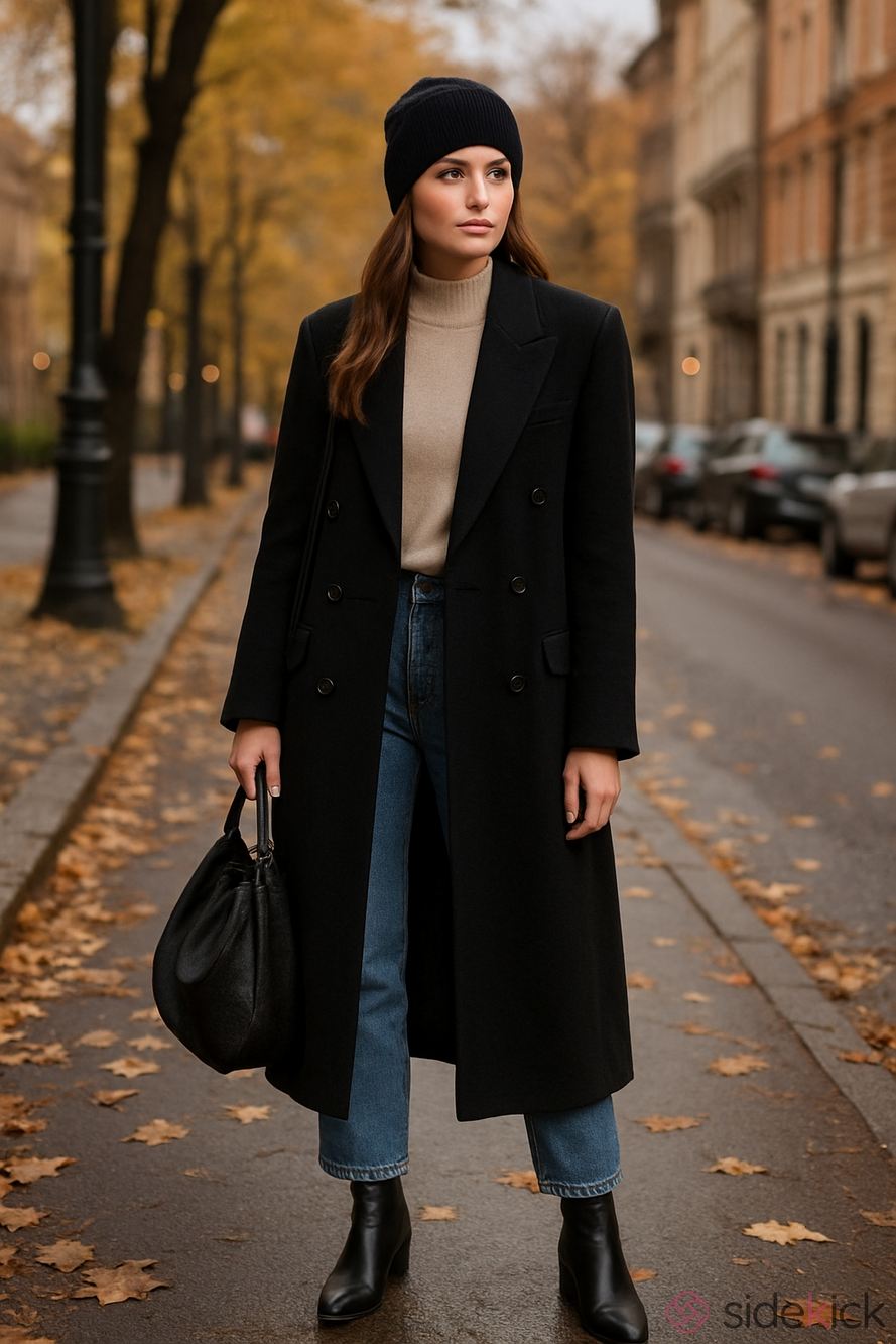 Vintage Duncan Craig Black Double-Breasted Overcoat Wool/Cashmere Blend